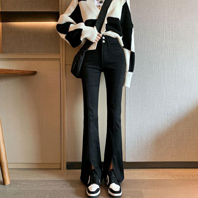 

Women s High-Waist Retro Slit Denim Jeans - Petite Skinny Cropped Flare for Autumn/Winter 2022 Extra Small чорний