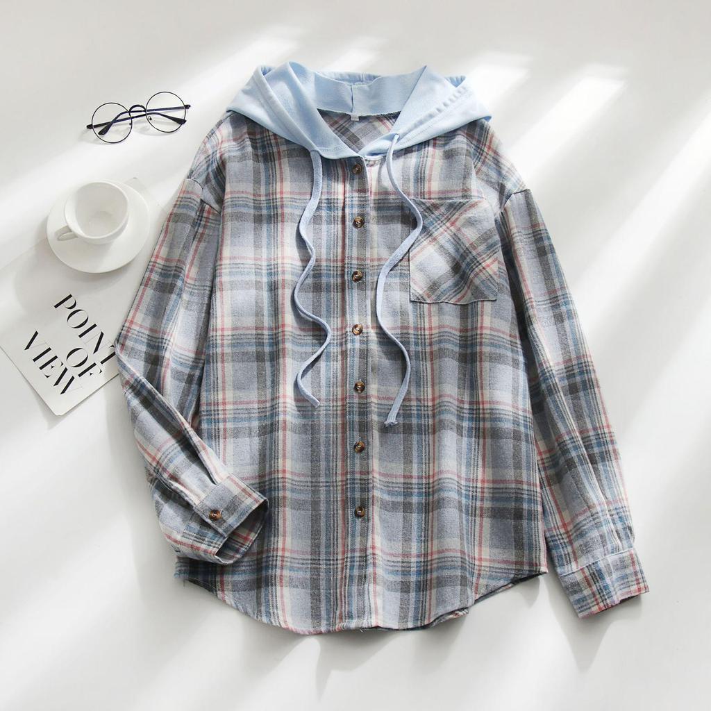 Primavera e outono camisa feminina moda casual com capuz cor bloqueando camisa xadrez