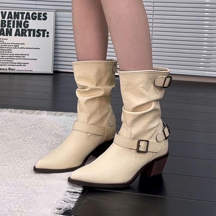 Korean Atmosphere, White High-heeled Thin Short Boots, Women's Autumn and Winter Versatile Pointed Boots, Absolutely Unique, Thick-heeled Medium Boots