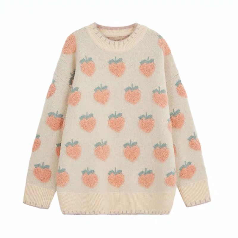 Women Peach Jacquard Solid Color Sweater Korean Loose Female Pullover Knitted Sweaters Autumn Lady Versatile Long Sleeved Tops