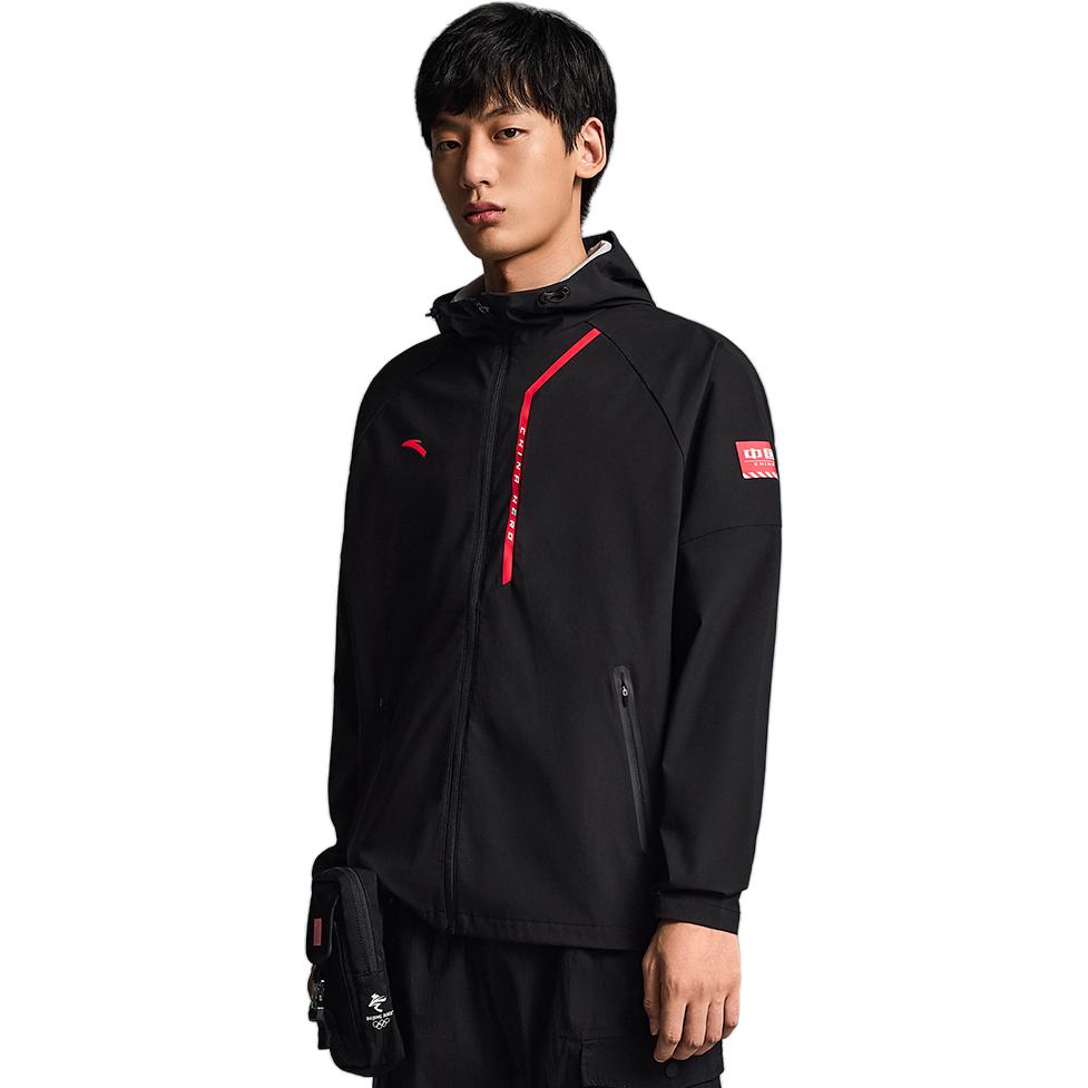 Anta Logo Print Zip-Up Hooded Windbreaker Men Jackets Black 952237605-3