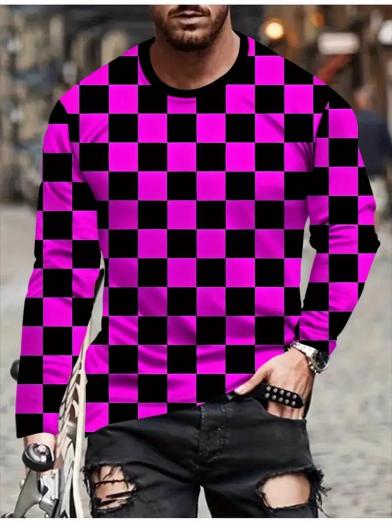 T Shirts for Man Geometric Block 3D Print Autumn Long Sleeve T-Shirt Pullover Casual Male Tops Street Lightweight Men's Clothes