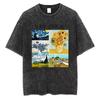 Vintage gewaschenes Baumwoll-T-Shirt Herren Vincent Van Gogh Sternennacht Sonnenblumen Grafik-T-Shirt Kunst Ästhetik Retro Säurewäsche Lockeres Oberteil