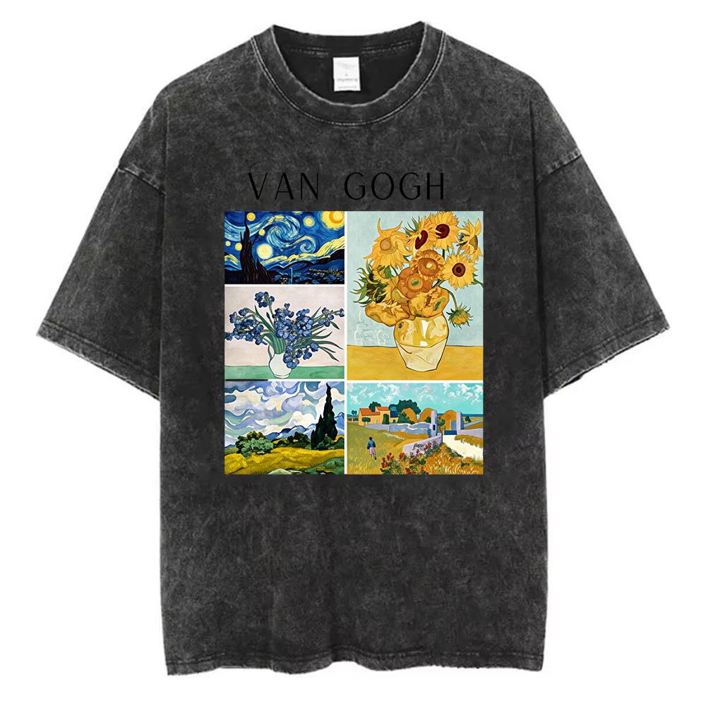 Vintage gewaschenes Baumwoll-T-Shirt Herren Vincent Van Gogh Sternennacht Sonnenblumen Grafik-T-Shirt Kunst Ästhetik Retro Säurewäsche Lockeres Oberteil
