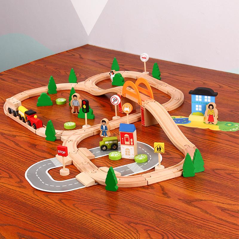 78 Pieces of Wooden Train Track Set Children's Toys Building Combination Scene Model Compatible with Train Track Puzzle