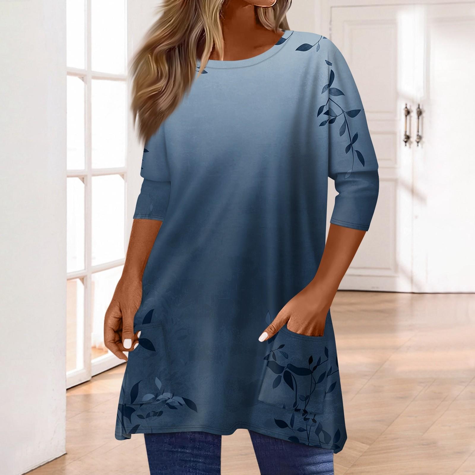 

3/4 рукава кармана топы для женщин футболка повседневный принт средней длины топы футболка круглый вырез пуловер блузка L тёмно-синий