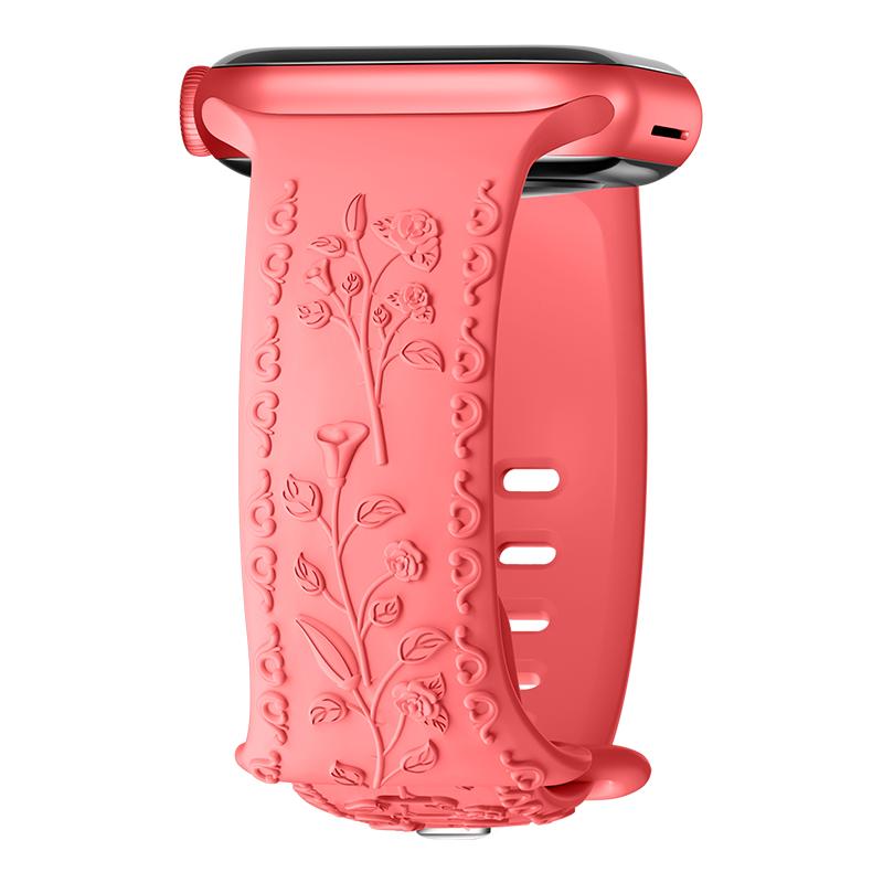 Engraved Strap For Apple Watch Band 42mm 44mm 45mm 41mm 40mm 49mm Silicone Floral Bracelet Correa Series 8 9 7 SE 4 5 6 Ultra 2