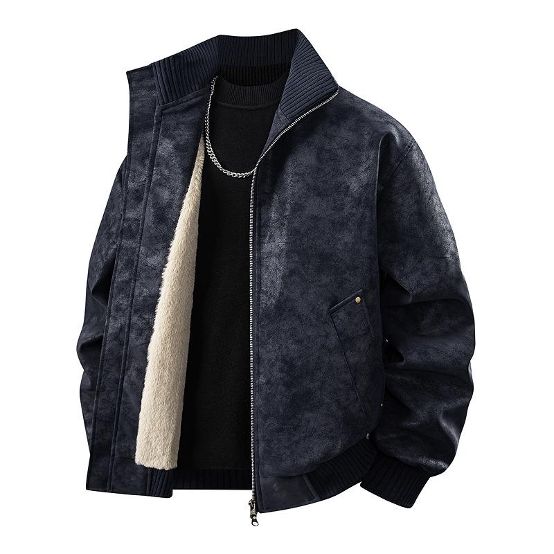 

Men s Retro Stand Collar Jacket - Autumn/Winter Plus Velvet, Thick, Loose, Casual, Versatile, Heavyweight Outerwear. M (100-130 Jin) темно-синього кольору