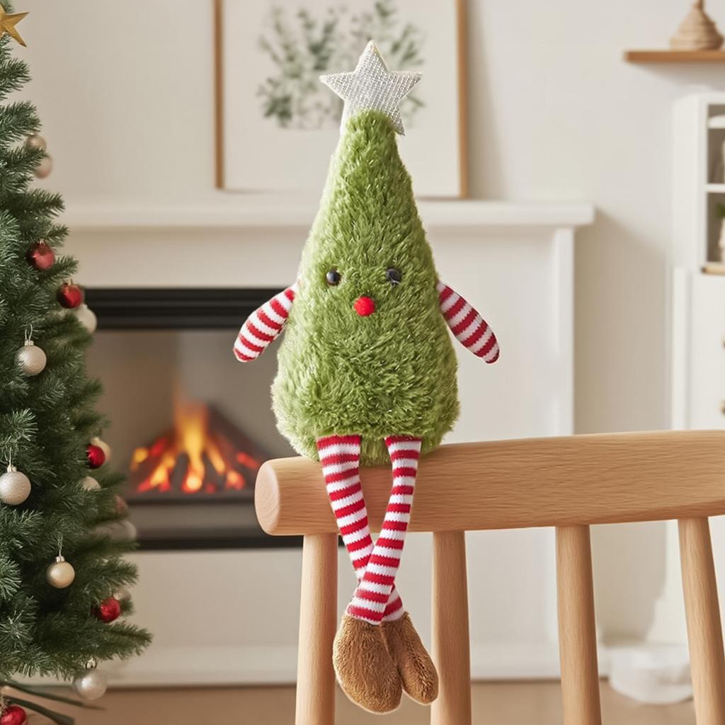 Cute Plush Christmas Tree Figurine Pendant with Stars & Striped Socks Pink,White Green Fabric Holiday Decor for Home Living Room