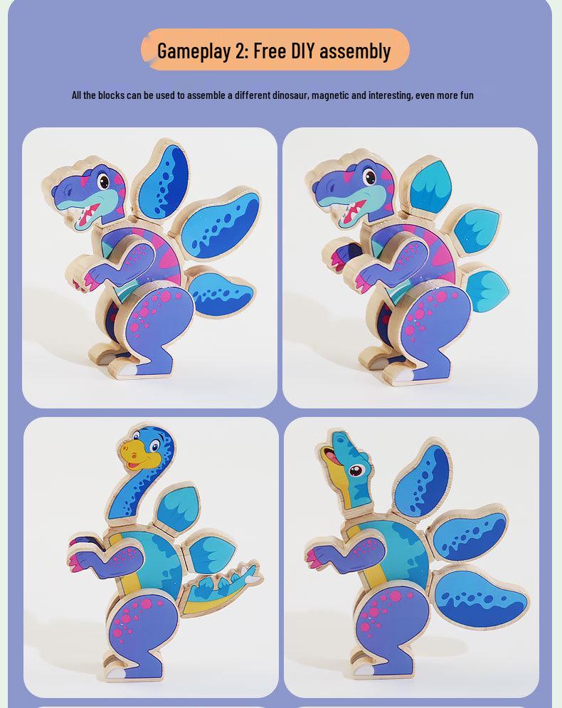 DIY Magnetic Wooden Dinosaur 3D Puzzle Blocks - Educational Toy for Children