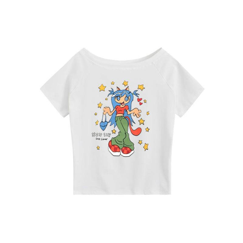 Slant shoulder off-shoulder casual lazy wind short-sleeved T-shirt women s summer new cartoon girl printed loose top women S