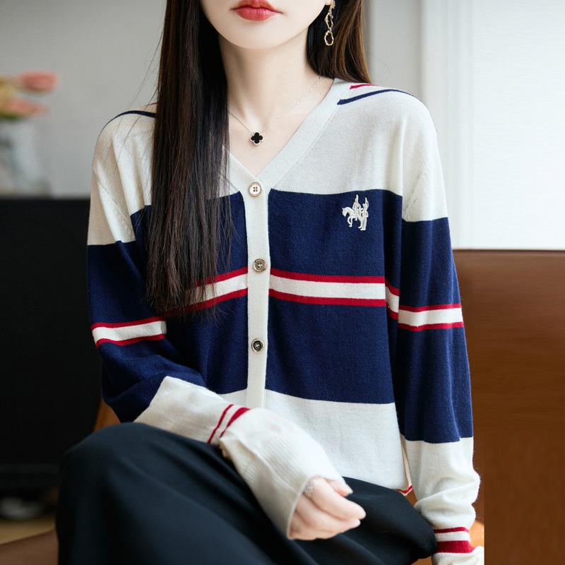 2026 Autumn Women's Striped Embroidered Wool Knit V-neck Cardigan Sweater, Korean Style