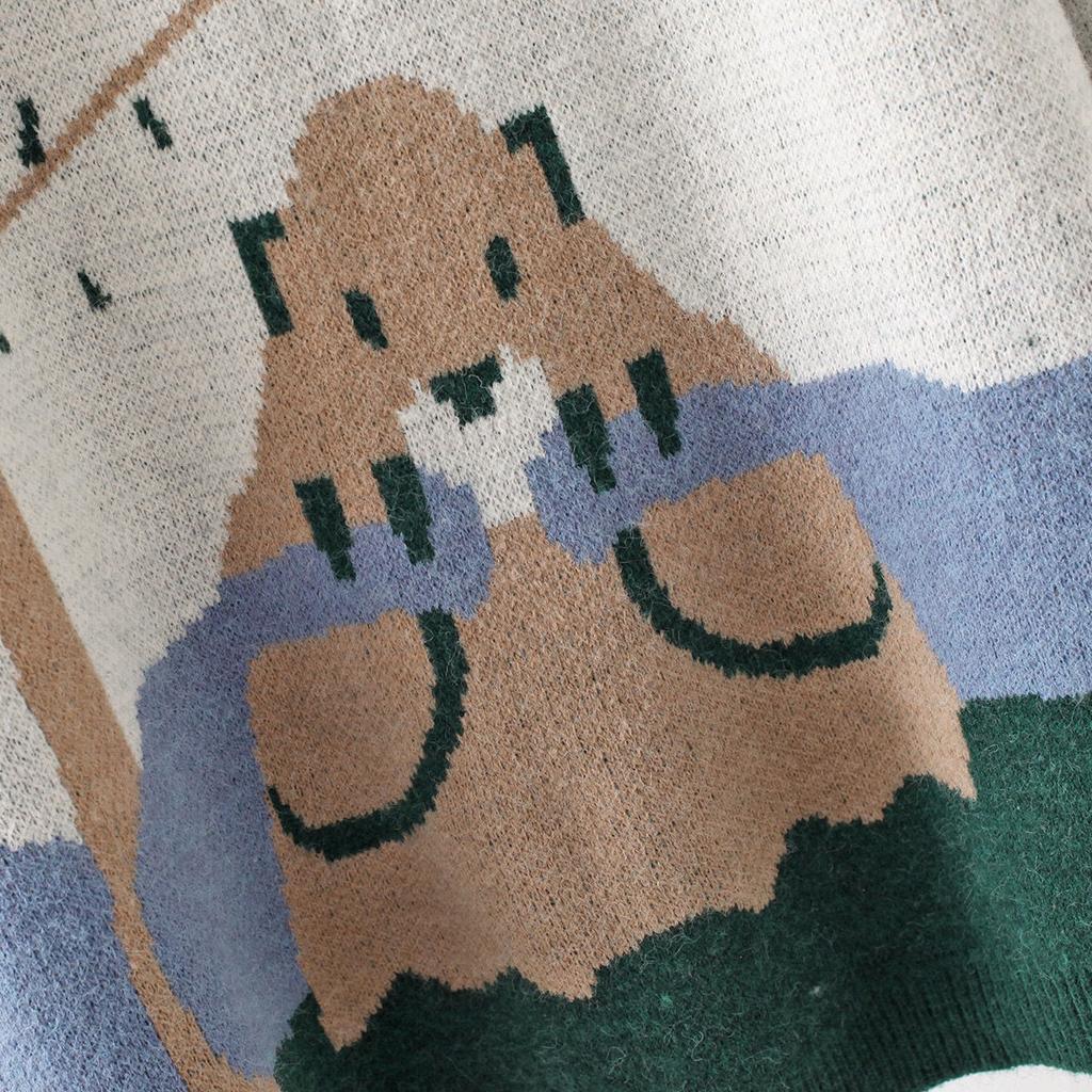 WTEMPO Bear Jacquard Crew Neck Loose Pullover Sweater Large Size Women's Korean Version Knitwear Long Sleeve Jumper