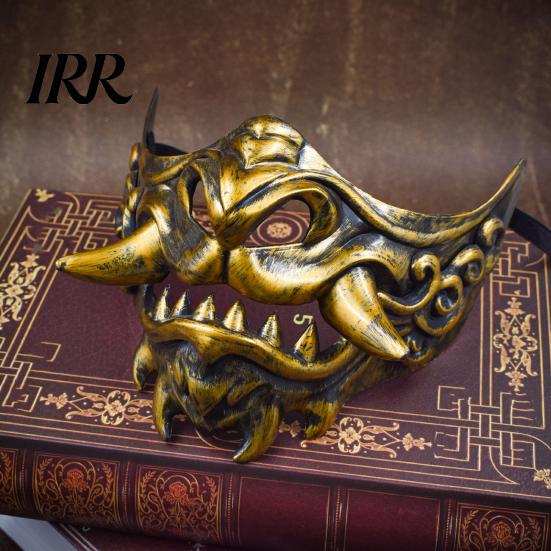 Stage Performance Halloween Props Japanese Hannya Red Half Mask, Wolf Teeth & Embossed Cloud Details, Breathable Lightweight Detailed Relief