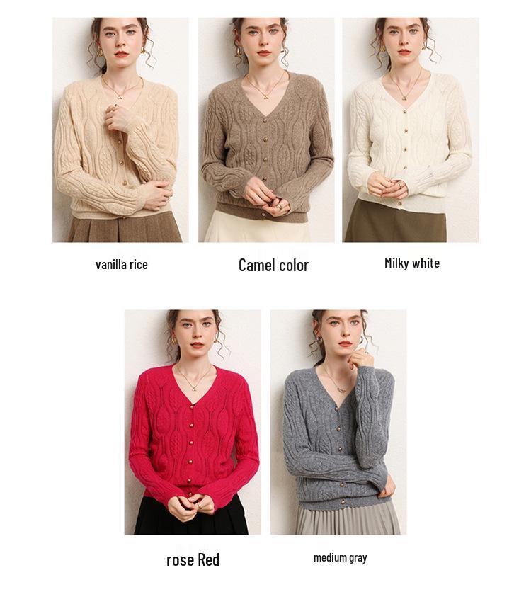 2024 Autumn/Winter Slimming V-Neck Hollow Knit Cashmere Cardigan