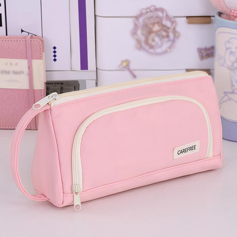 Pure color macaron lady handbag three-layer zipper large capacity student pencil case for class