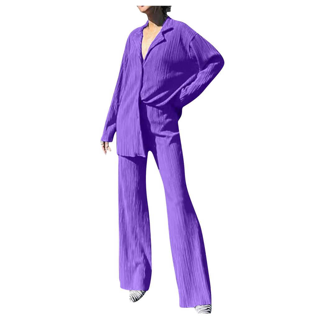 Women's 2 Piece Casual Outfits Long Sleeve Button Down Shirt High Waist Long Pants Loungewear Streetwear