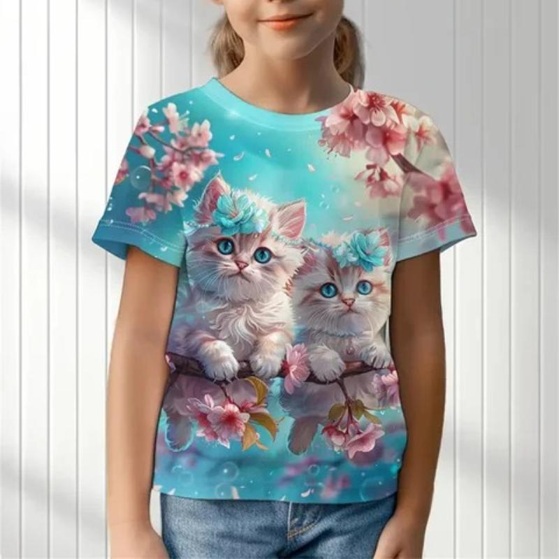 

Children s Cartoon Kitten Print Cute Tie Dye Multi-color T-shirts Girls Fashionable Soft Comfortable T-shirt 170