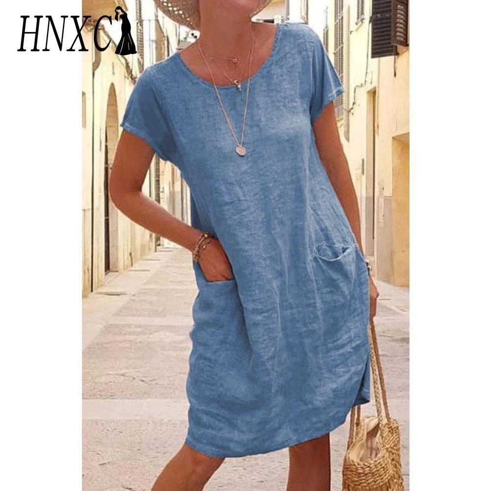 

HNXC Women Solid Color Summer Midi Dress Ladies Casual Loose Dress with Pockets Plus Size XXXXXL синий