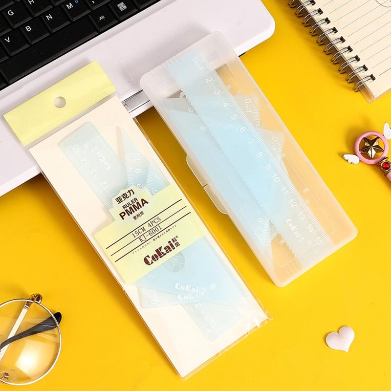 4 Set Math Geometry Tool Plastic Ruler Include Straight Ruler for Triangle Ruler Protractor Student School Office Statio