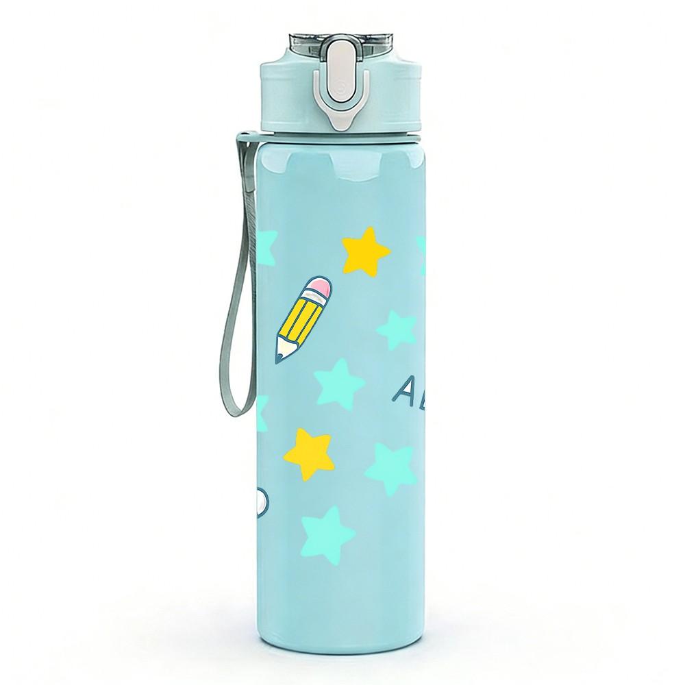 1PC ABC Star Pencil Seamless Pattern 750ml Color Plastic Sports Water Bottle Leakproof Flip Straw Lid Suitable for Sports Office Home Use