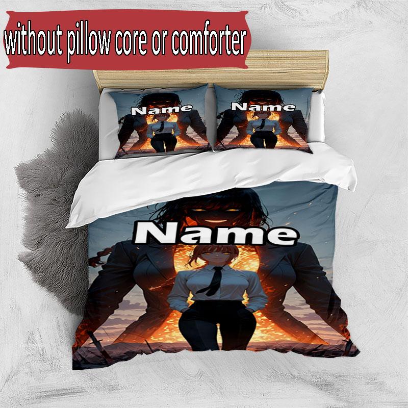 3pcs Duvet Cover Set (1*Duvet Cover + 2*Pillowcase, Without Core), Custom Name Makima Chainsaw Man Pattern Bedding Set, Home Bedroom Decor Gift