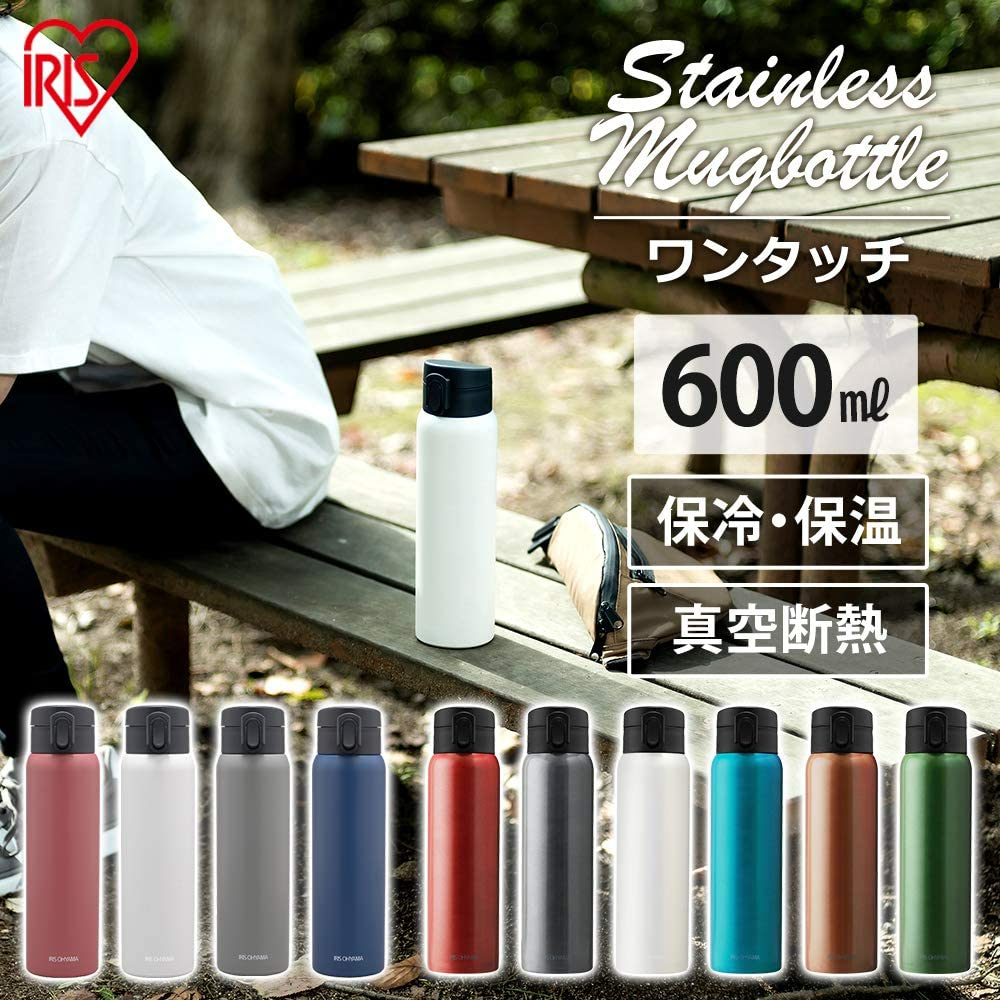 Iris Ohyama 600ml Vacuum Insulated Water Keeps Water Cold or Hot for 6 Mug Metallic Gray SB-O600M Bottle, Hours, One-Touch Bottle,