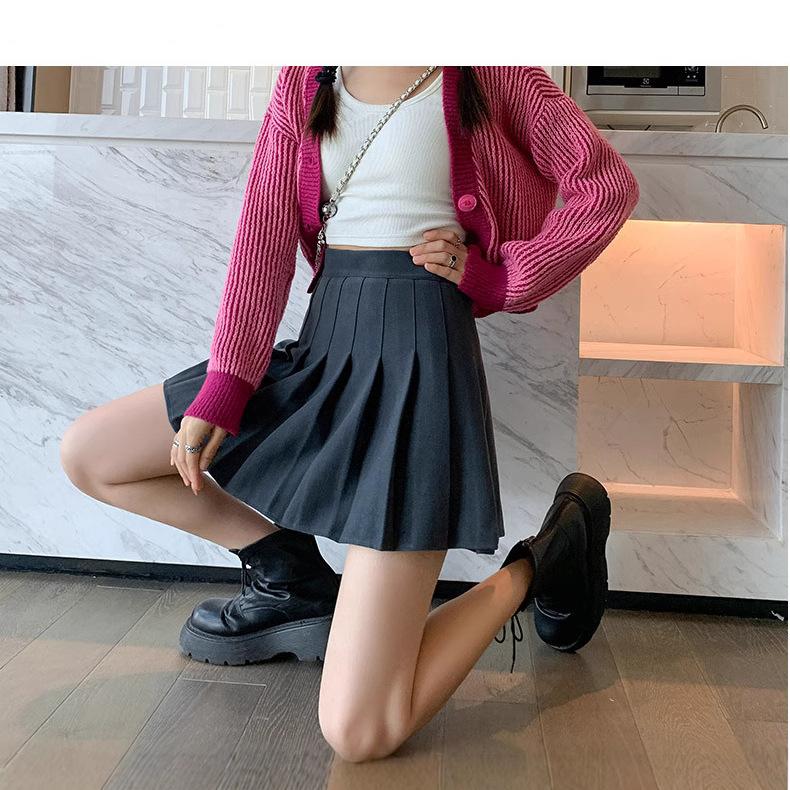 Women's High Waist Pleated Skirt A Line Slim Solid Color Preppy Mini Skirt Casual Skirt