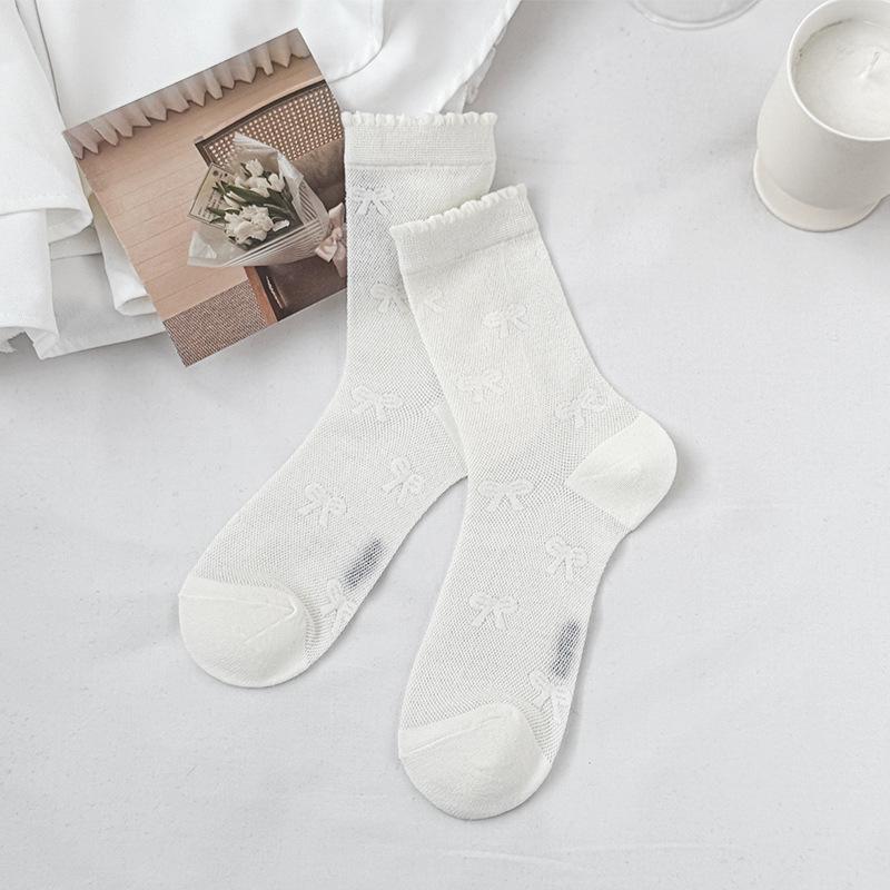 5 Pairs of Female Spring and Summer Thin Style Bow Lace Mesh All Match In The Tube Cotton Socks