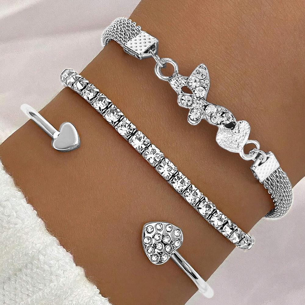 3pcs/Set Luxury Fashion Minimalist Personality Rhinestone Butterfly & Heart Layered Bangle Bracelet, High-End Accessory Set For