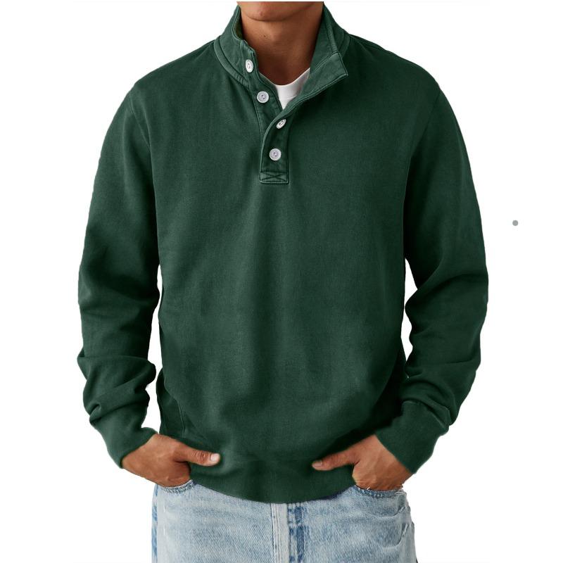 Men's Washed Henley Long Sleeve Sweatshirt Casual Button Placket Stand Collar Pullover
