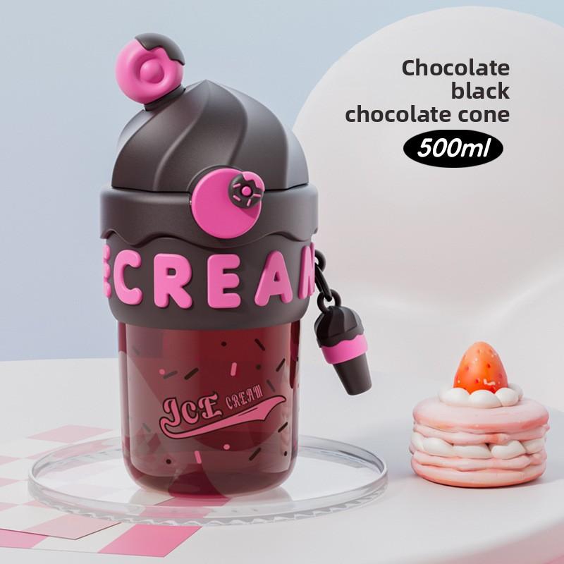 Cute Cartoon Plastic Water Cup, Double-drinking Straw Cup for Female Office Workers, Ice Cream Space Cup