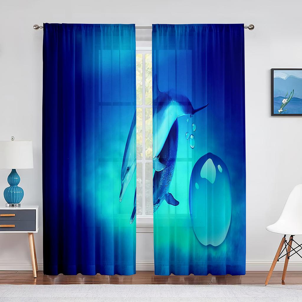 Cartoon Ocean Animal Sheer Voile Curtain Dolphin Sea Lion Whale Window Tulle Curtains for Living Room Kids Bedroom Kitchen Decor