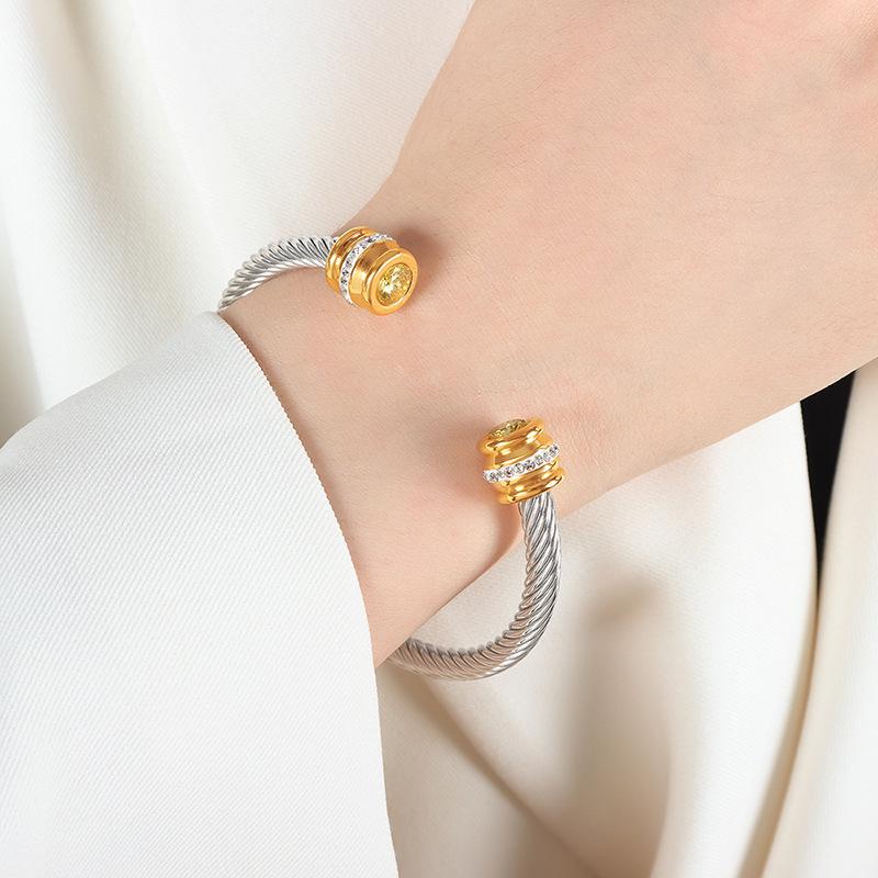 European & American Luxury Titanium Steel Zircon Open Bracelet - Simple Niche Design for Women