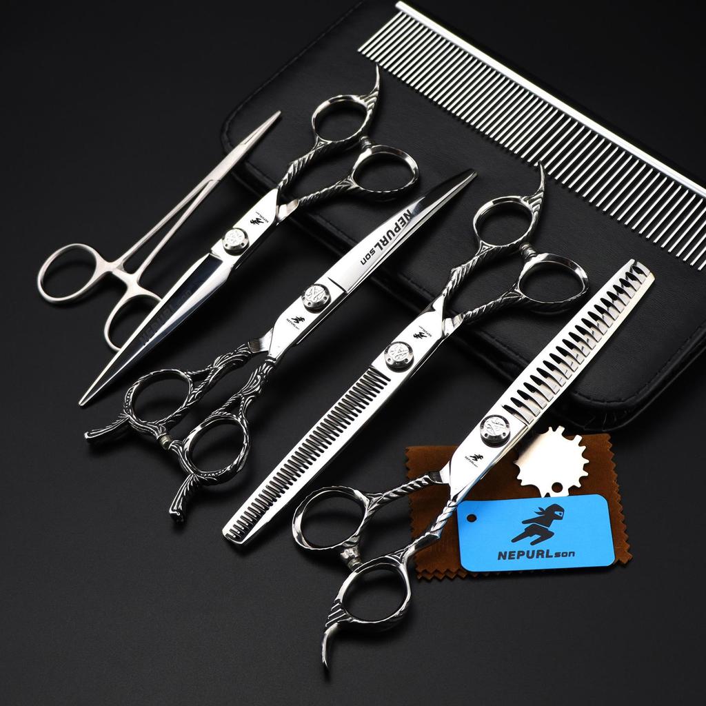 7.0" Dima Xi Pet Grooming Set: 4-Piece Scissors & Comb Kit