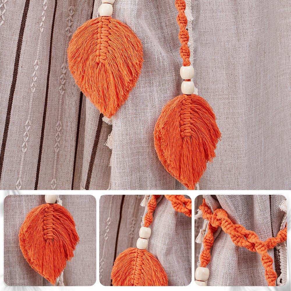 Boho Curtain Tiebacks Leaf Curtain Buckles with Wooden Bead Cotton Rope Hand-Woven Curtain Straps for Home Bedroom Decoration