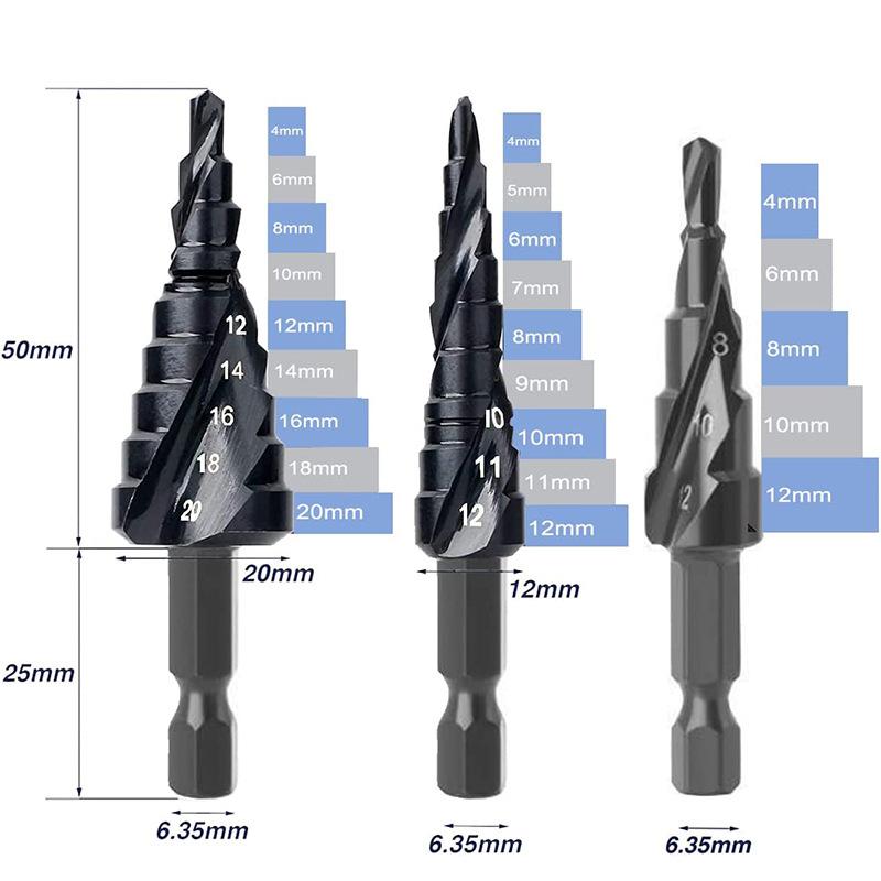 Spirálová drážka Stupňovitý vrták Černá 3dílná sada Malá 3dílná Přímá drážka Trojúhelníková rukojeť Nitridovaný Pagodový vrták Stupňovitý vrták Vrtání