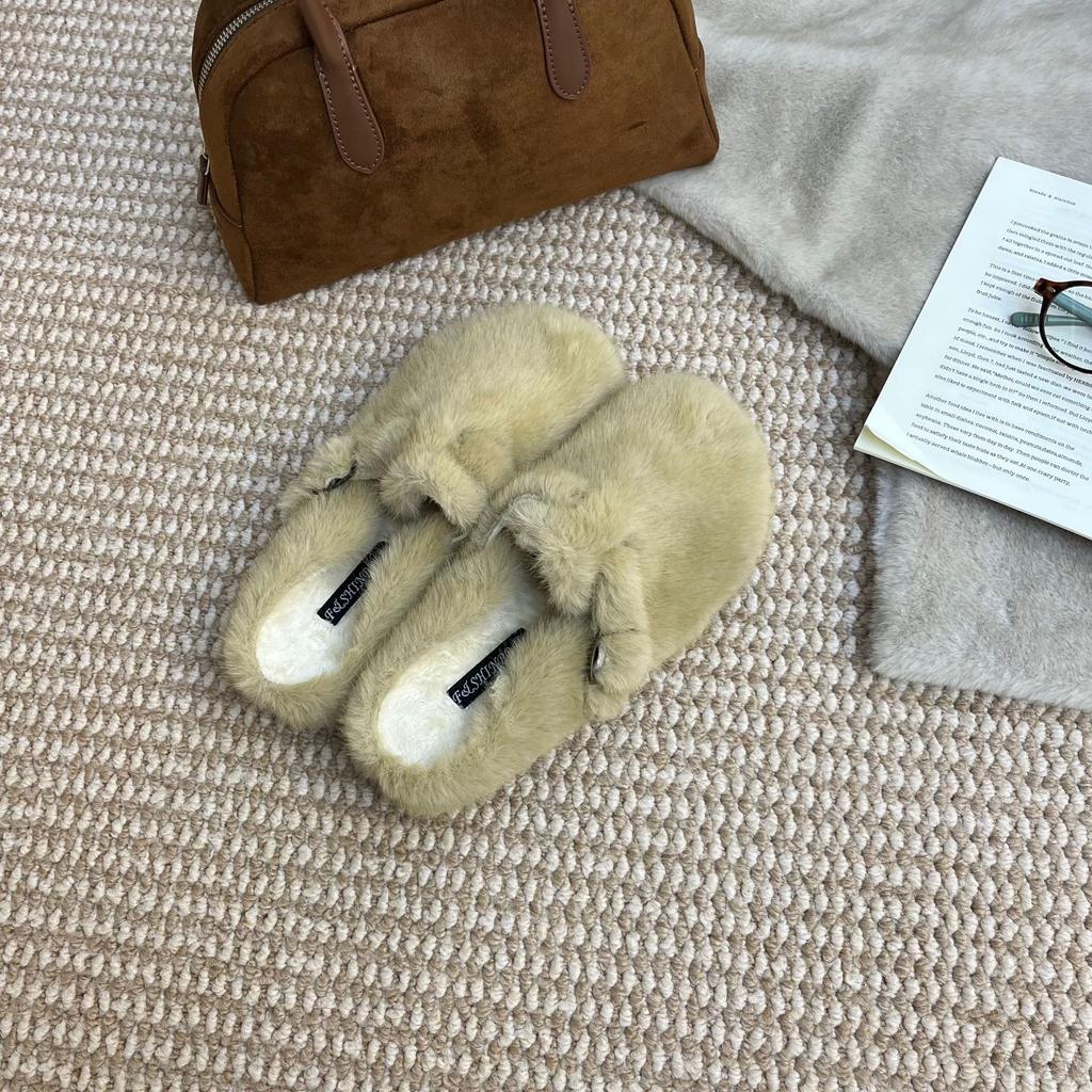 2025 winter new round head with velvet warm cotton shoes versatile Mary Jane thick-soled commuting fluffy women's half-drag