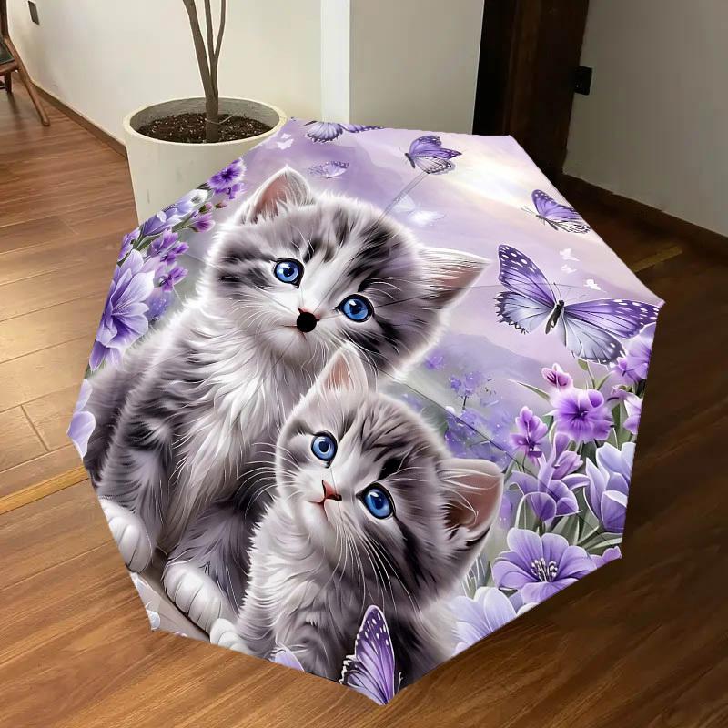 1PC Kittens Flowers Umbrella-8-Rib Reinforced Portable Folding Travel Suitable for All Seasons Outdoor Daily Use  -J0388