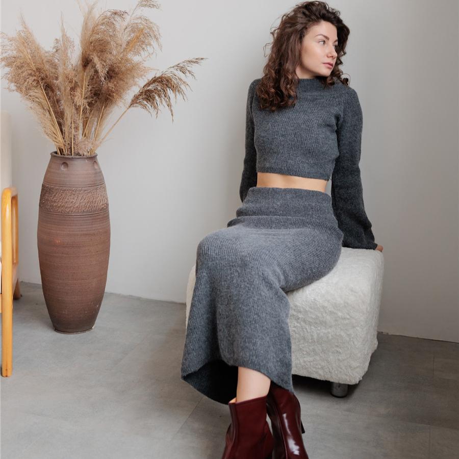 

Женские комплекты для отдыха, комплекты из 2 предметов, короткий трикотажный пуловер, свитер, топы, облегающая юбка макси, спортивный костюм, плотный спортивный костюм для путешествий на осень-зиму для женщин one size темно-серого