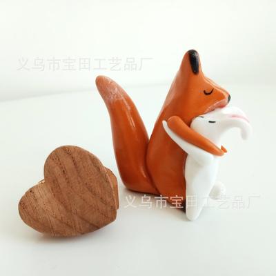 A Fox and Bunny with Love Hug Home Cartoon Mini Resin Figurine Ornament