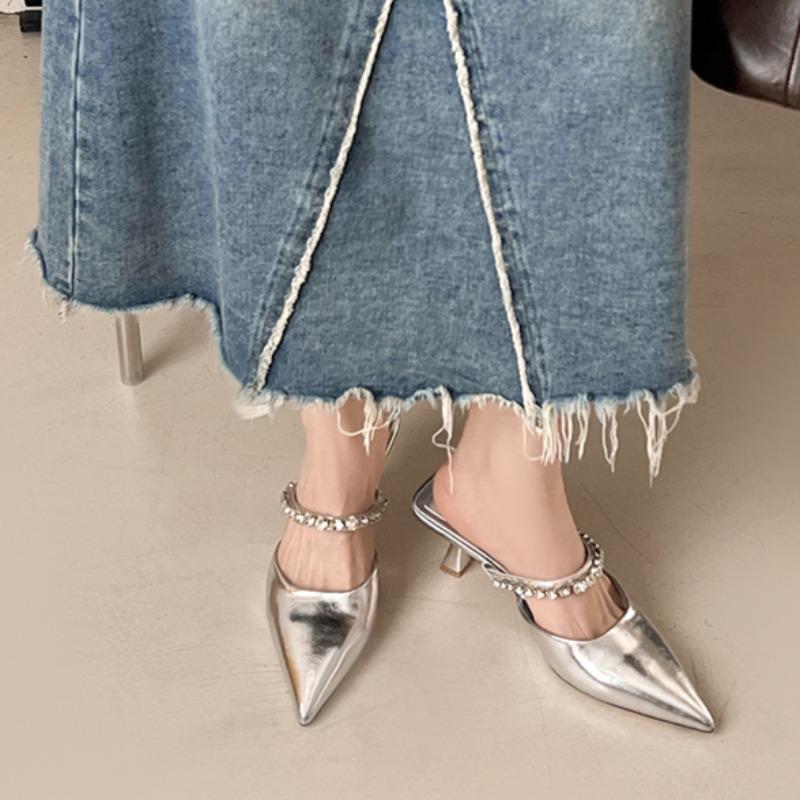 Fashion Baotou Sandals Spring New Pointed Head Shallow Mouth Crystal Fine Strap Anti-slip Wear-resistant Fine Heel Slippers