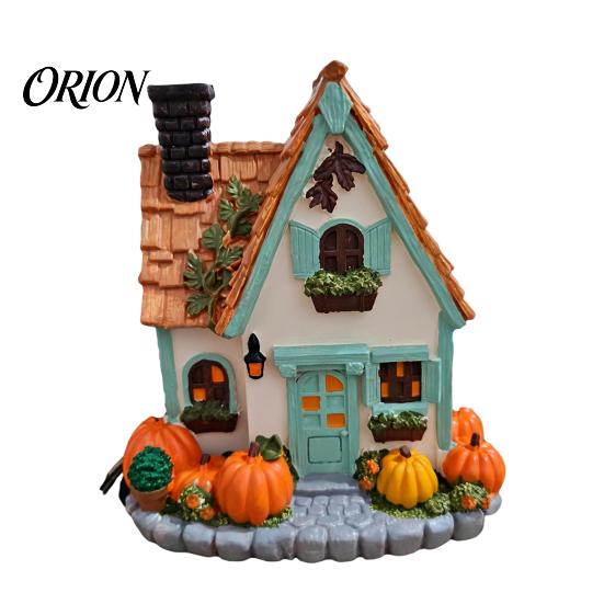 Autumn Leaves Lighted House Ornament Vintage Light-Up Pumpkins Cottage, Halloween Manor Figurine, Decor Indoor, Bookshelf Fall Spooky Table