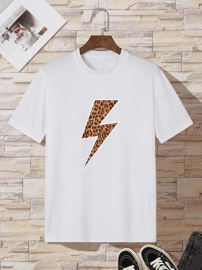 Summer Fashion Heavyweight Retro Men's Leopard Print Lightning 100% Cotton Printed Round Neck High-quality Casual Fitness