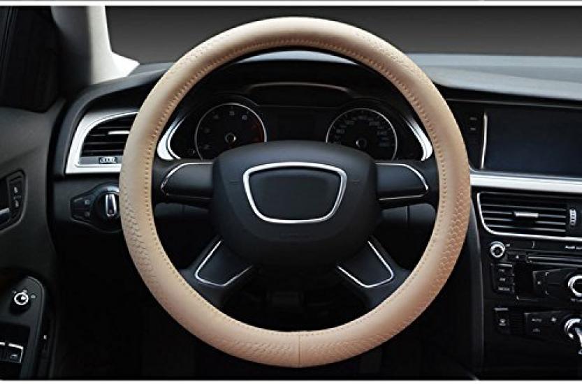 ontto Steering Wheel Fits All Medium Premium Genuine Leather Cover, Comfortable, Non-Slip, Breathable, Seasons, Size, Stylish,