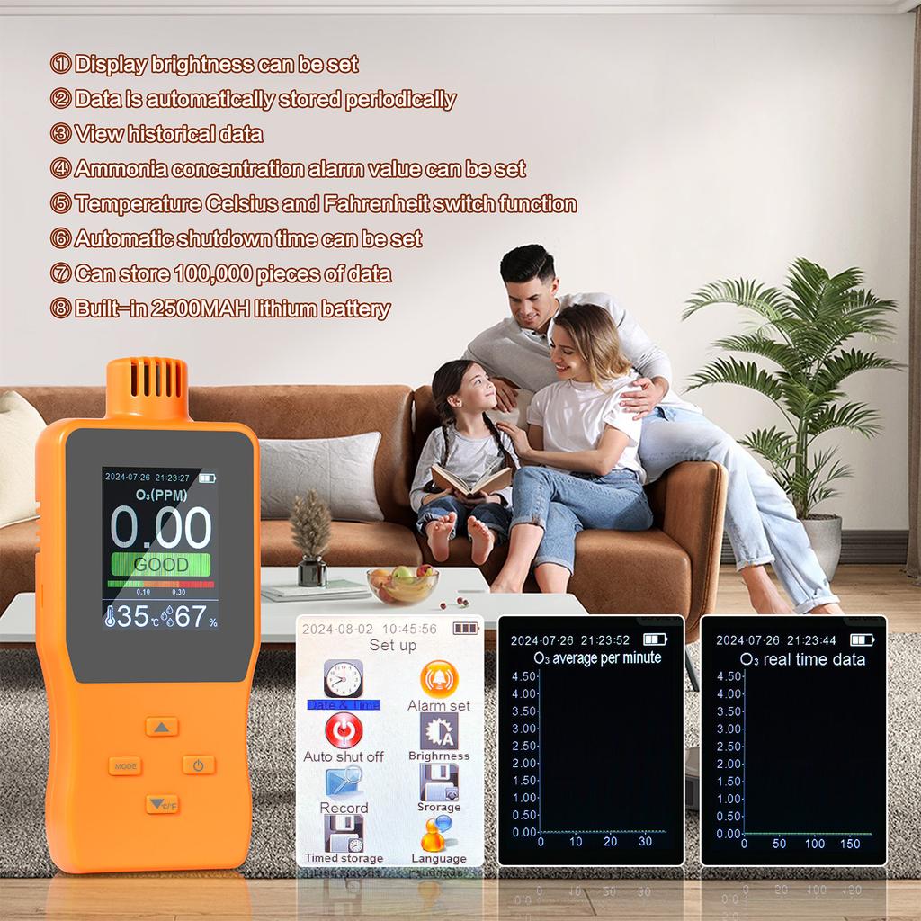 Portable Ozone Meter 0-10.0 PPM O3 Temperature Humidity Gauge 2.8 In Full Color LCD Screen Multifunctional Air Quality Monitor 2500mAh Lithium Battery
