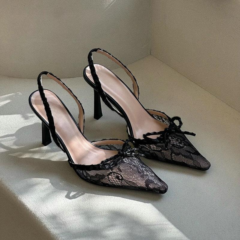 

Fashion Lace Pointed Toe Leopard Print Bow Stiletto High Heels, Women S 2025 New Summer Shallow Sandals 40 чёрный