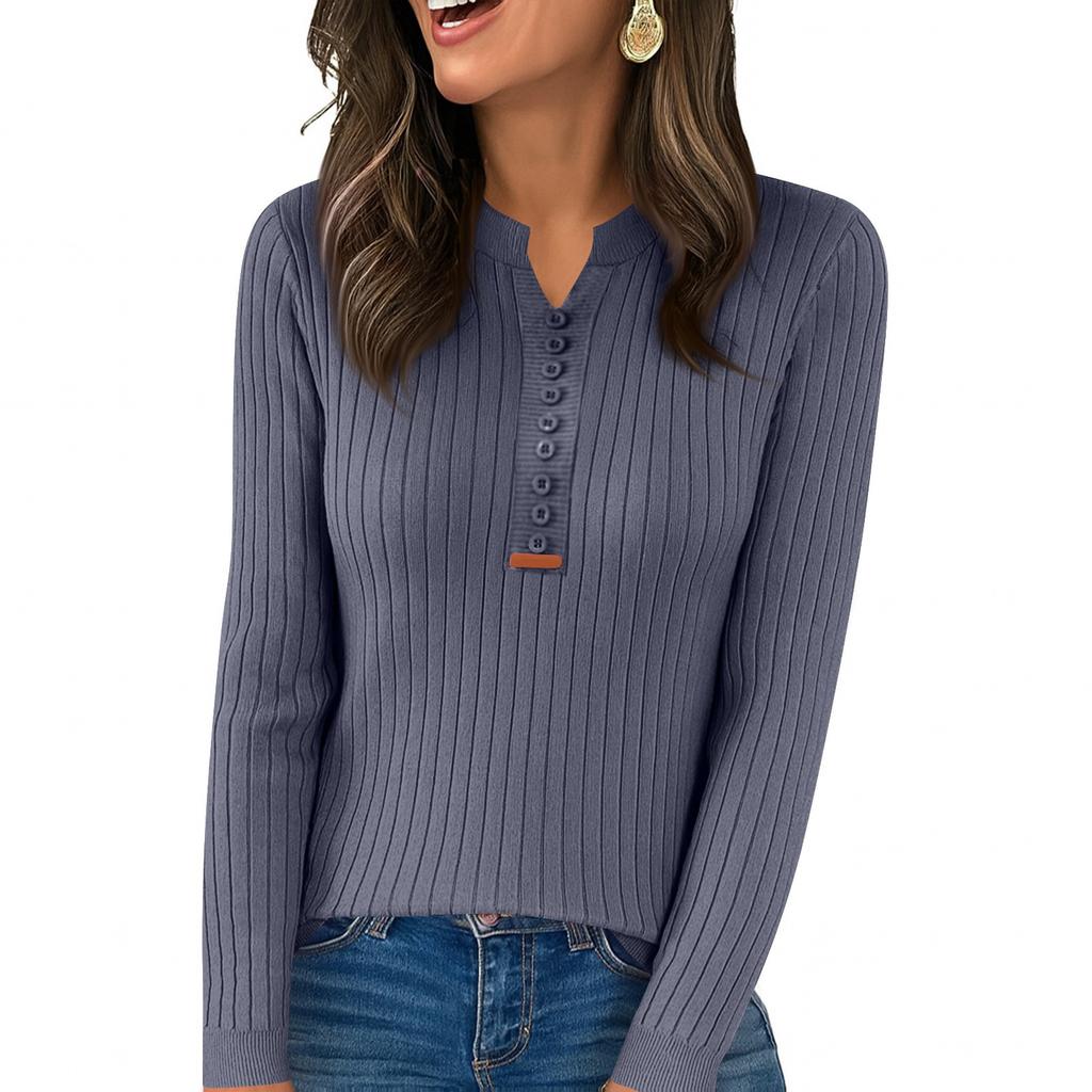 Women's Fashion Solid Color V-neck Long Sleeve Button Loose Bottom Knitted Sweater Top