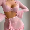 INS Sexy Thin Perspective Mesh Backless Long-sleeved Ruffle Edge Short Skirt Sexy Underwear Three-piece Set