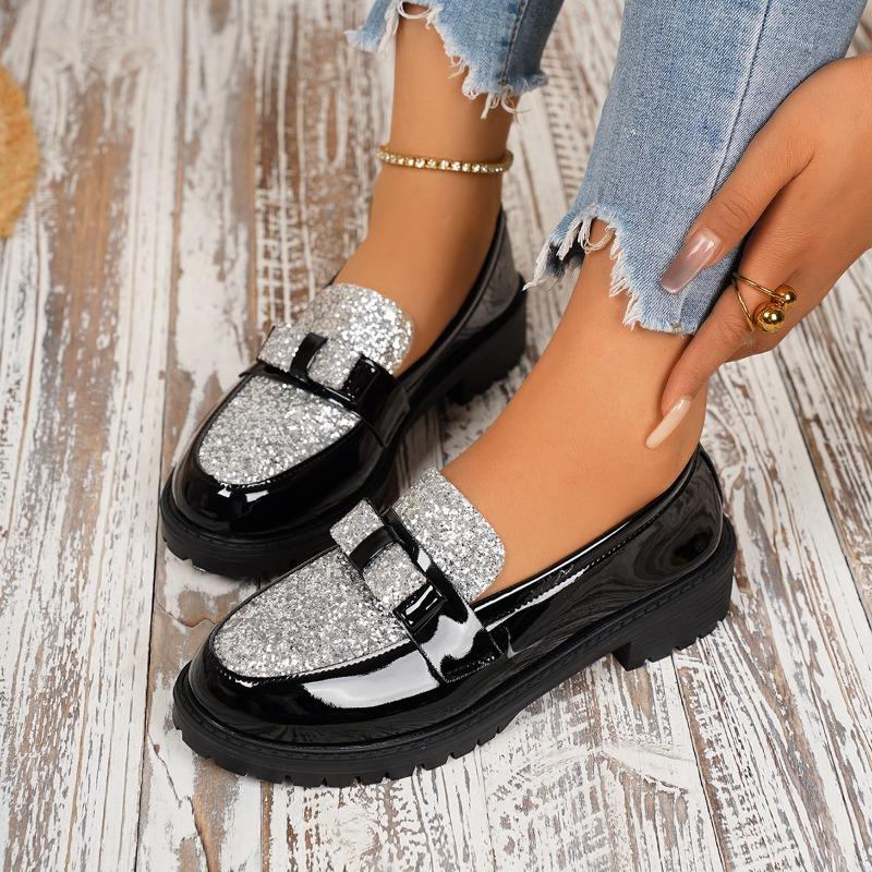 Patchwork Bling Silvery Flat with Woman 3.5cm Heel Shoes Sewing Design Slip on Ladies Shoes Black Round Toe Casual Shoes